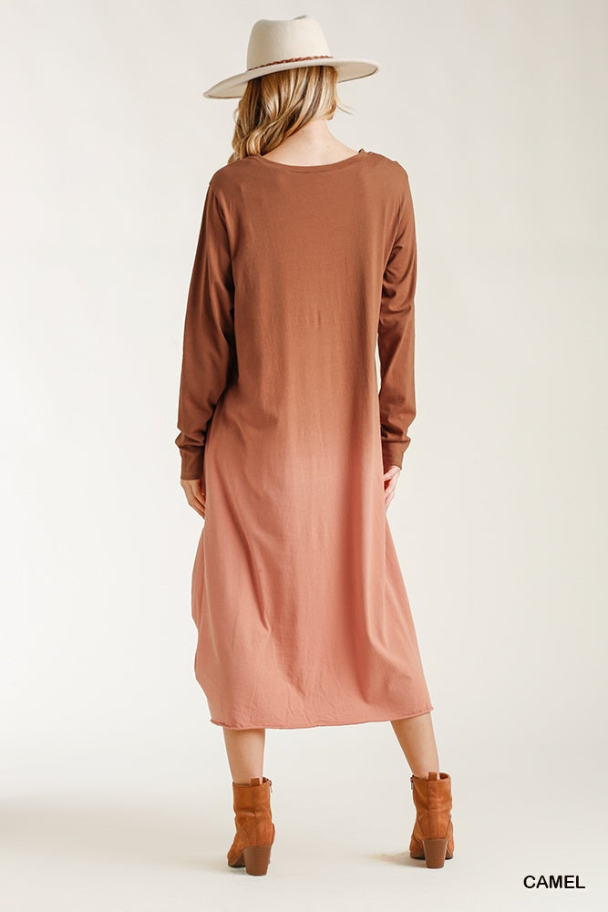 Ombre Front Long Sleeve Maxi Women's Dress