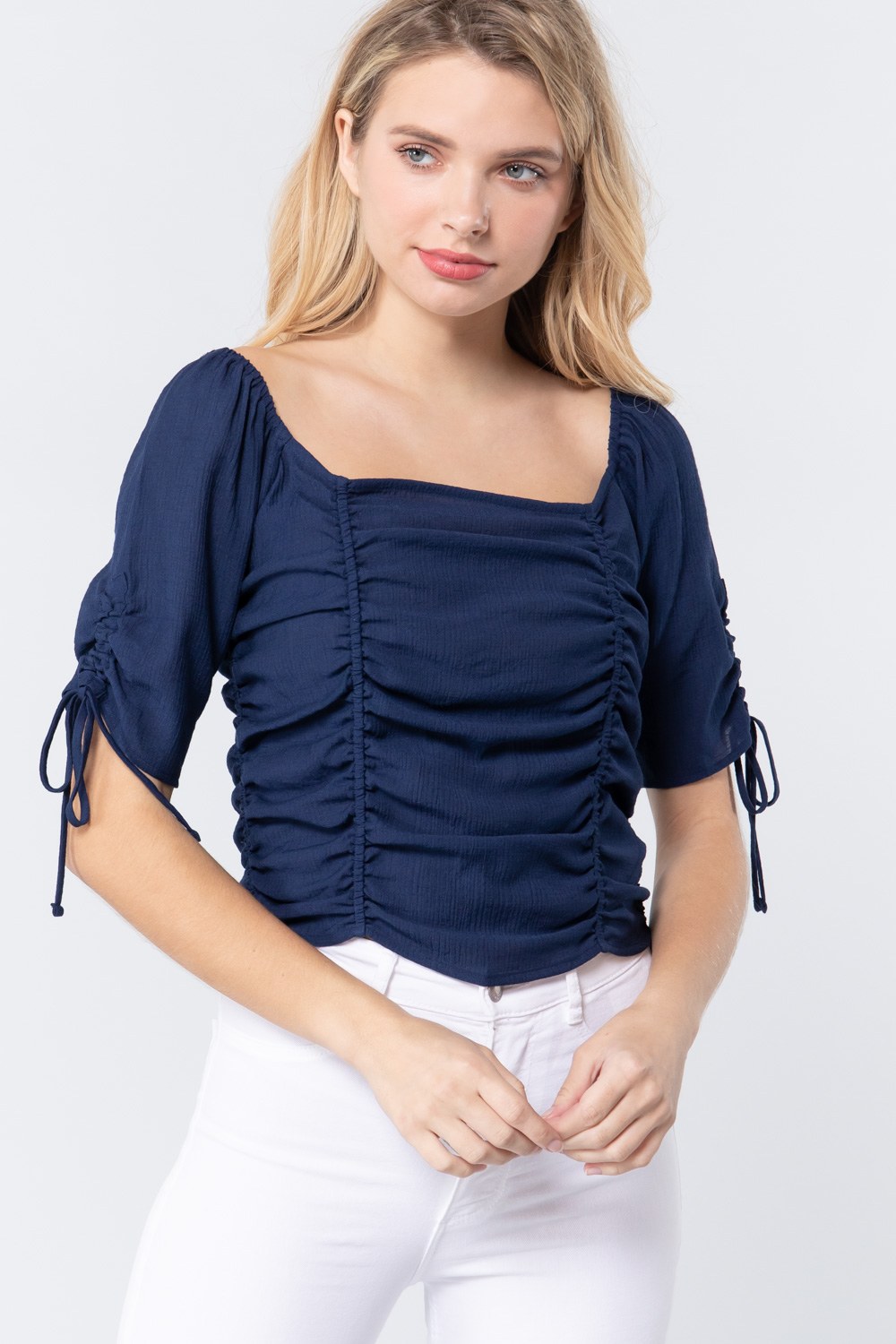 Navy Elbow Slv Smocked Ruched Woven Top