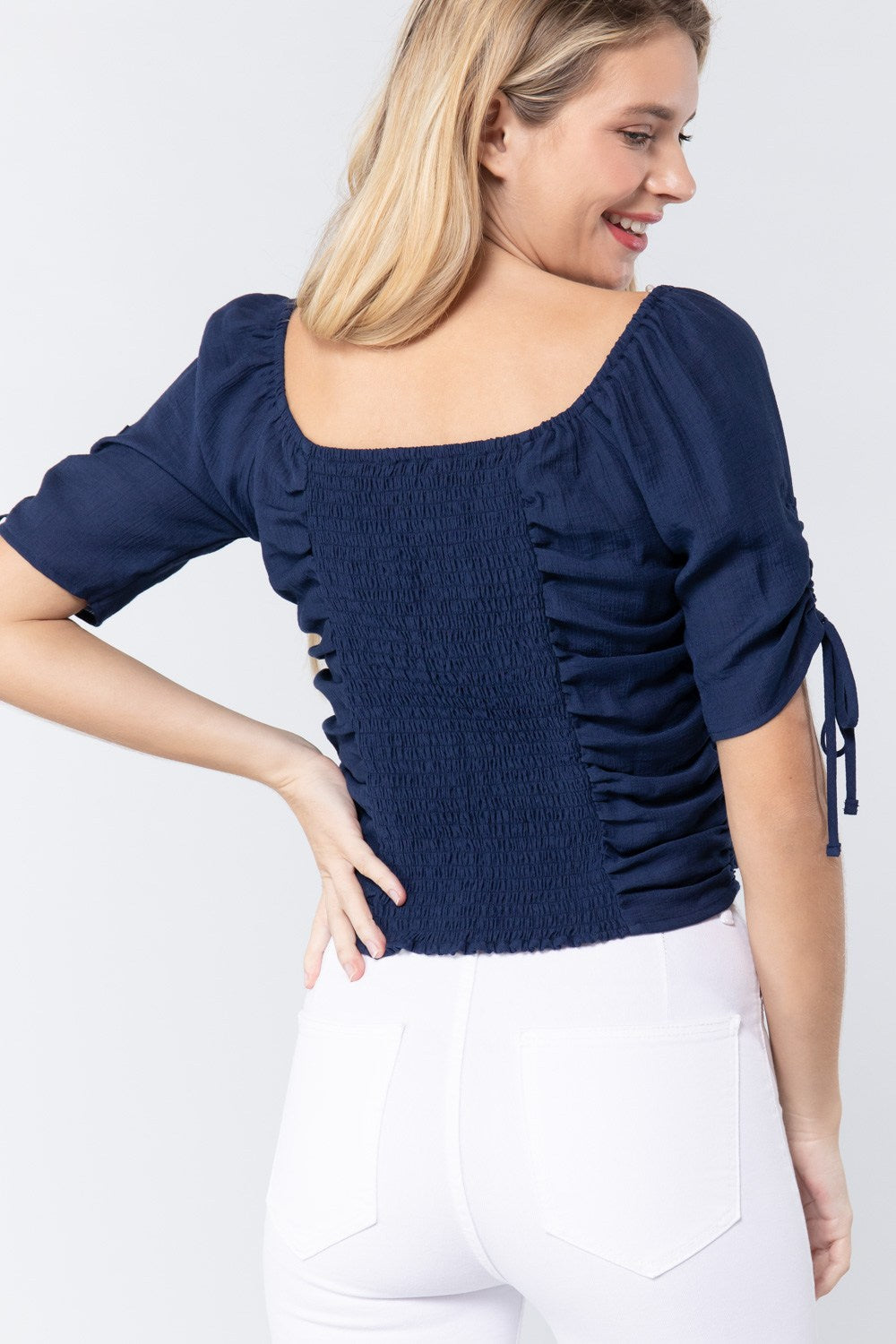 Navy Elbow Slv Smocked Ruched Woven Top