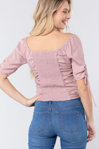 Mauve Elbow Slv Smocked Ruched Woven Top