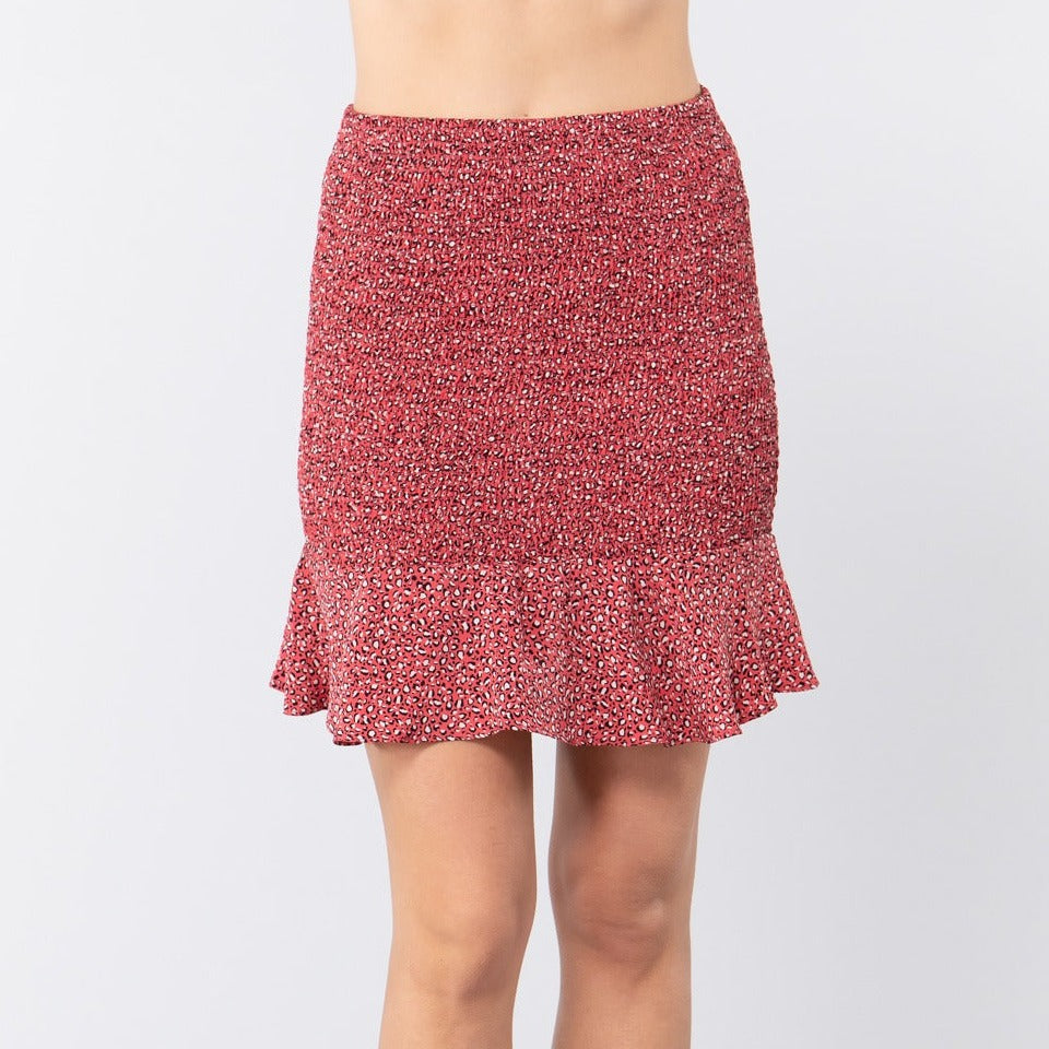 Red Smocked Ruffle Print Women's Mini Skirt