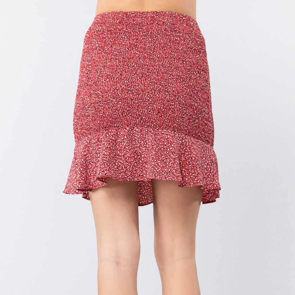 Red Smocked Ruffle Print Women's Mini Skirt