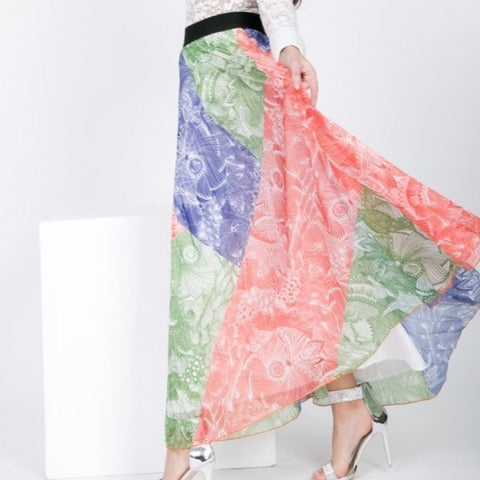 Multi Color Block Pleated Maxi Skirt