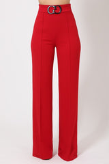 Red Double Reverse G Buckle Wide Leg Crepe Pants