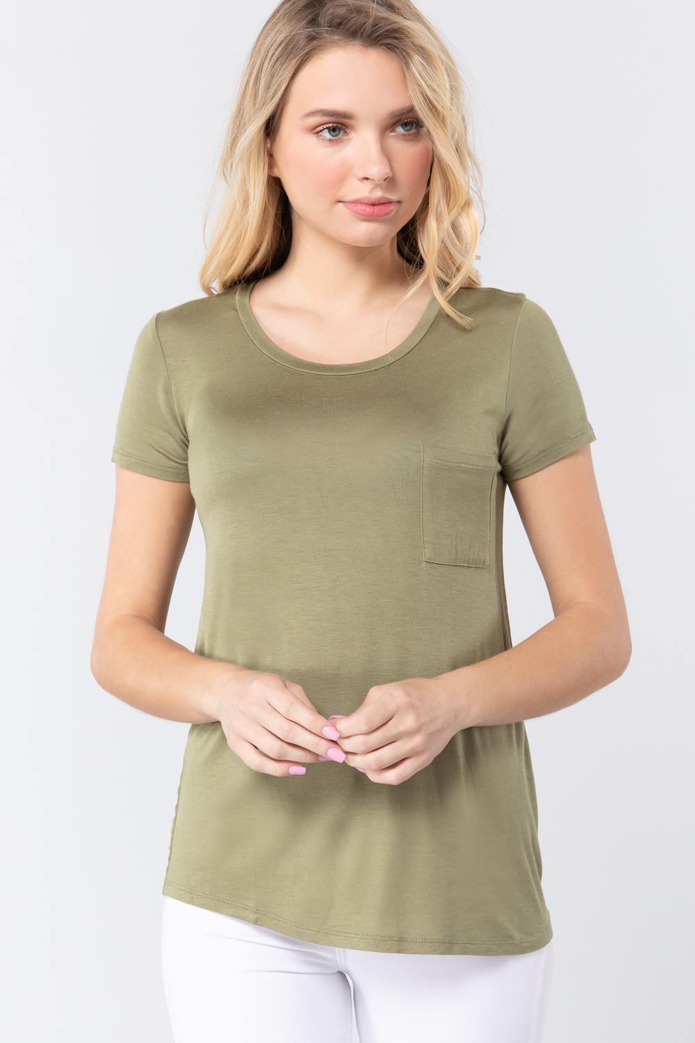Green Short Sleeve Scoop Neck Top With Pocket