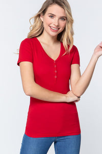 Red Short Sleeve V-neck with Button Henley Shirt