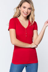 Red Short Sleeve V-neck with Button Henley Shirt