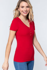 Red Short Sleeve V-neck with Button Henley Shirt