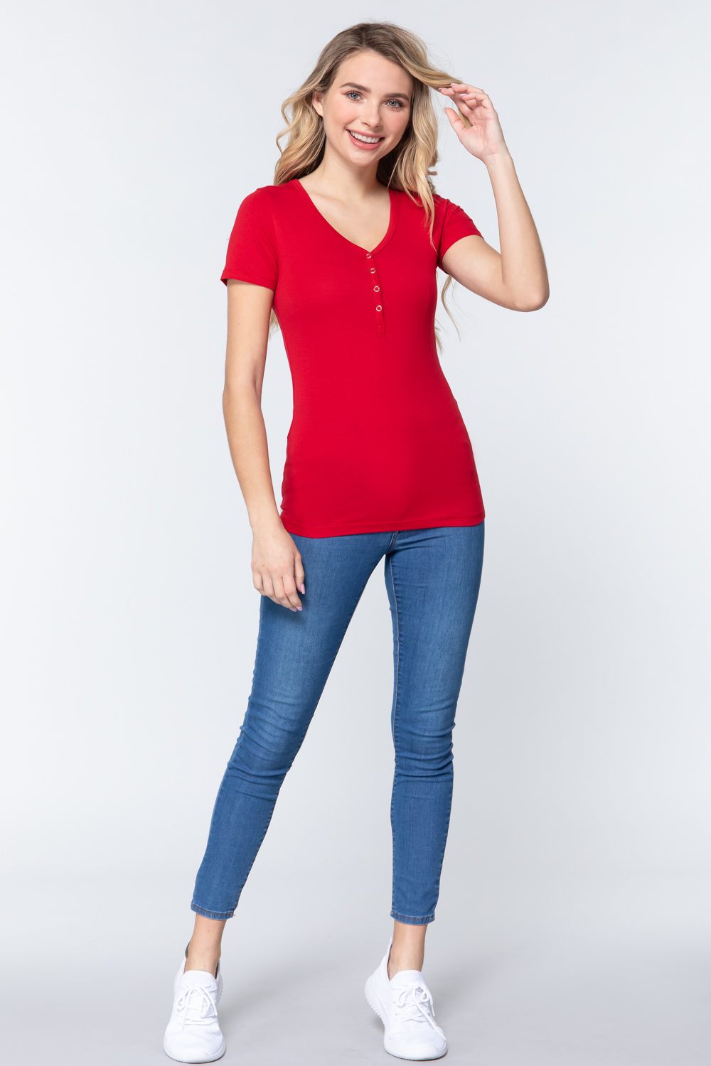 Red Short Sleeve V-neck with Button Henley Shirt