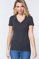 Dark Grey Short Sleeve V-neck Henley Shirt