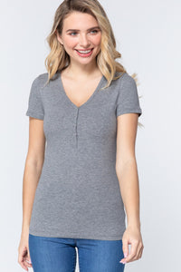 Grey Short Sleeve V-neck Henley Shirt