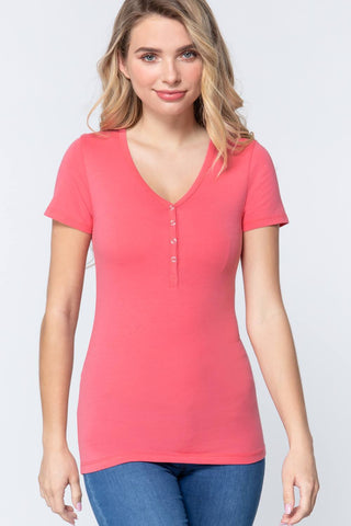 Rose Pink Short Sleeve V-neck Henley Shirt
