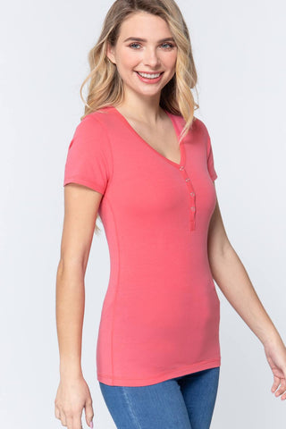 Rose Pink Short Sleeve V-neck Henley Shirt