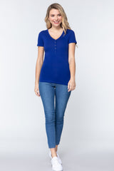 Royal Blue Short Sleeve V-neck with Button Henley Shirt