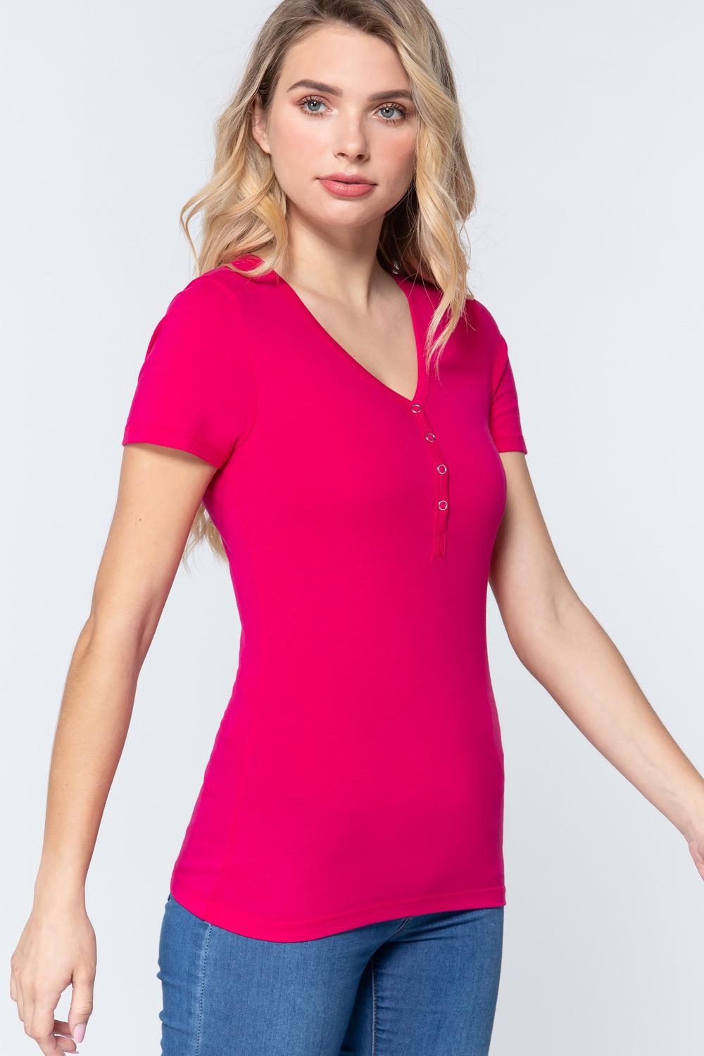 Hot Pink Short Sleeve V-neck Henley Shirt