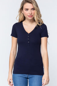Navy Blue Short Sleeve V-neck Henley Shirt