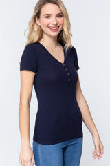 Navy Blue Short Sleeve V-neck Henley Shirt
