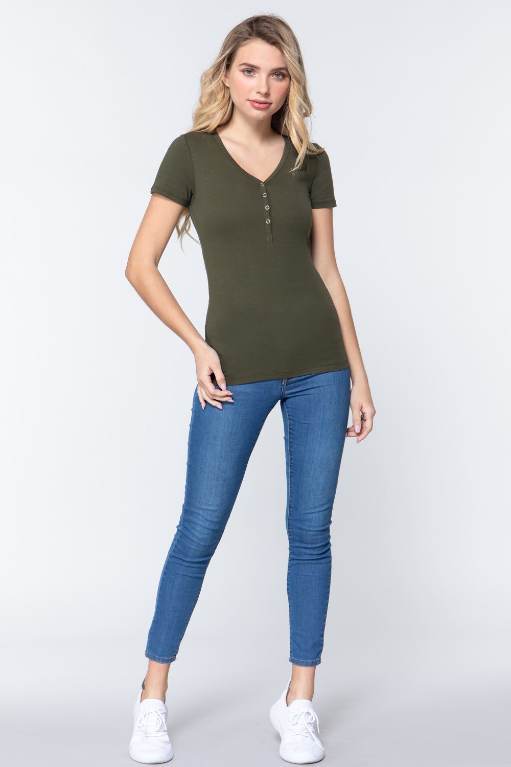 Olive Green Short Sleeve V-neck Women's Shirt