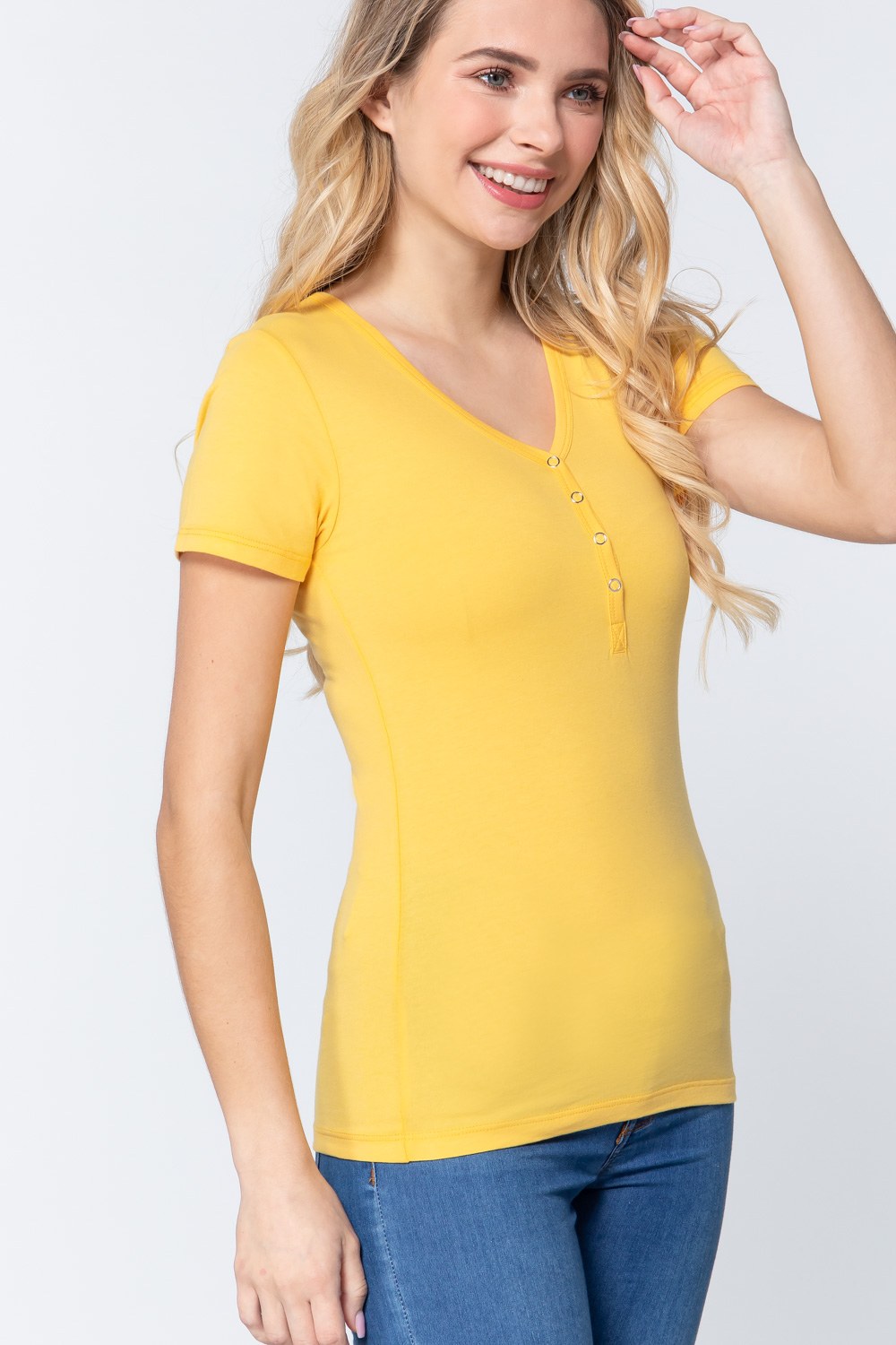 Yellow Short Sleeve V-neck  Button Women's Shirt