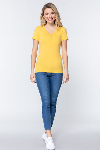 Yellow Short Sleeve V-neck  Button Women's Shirt