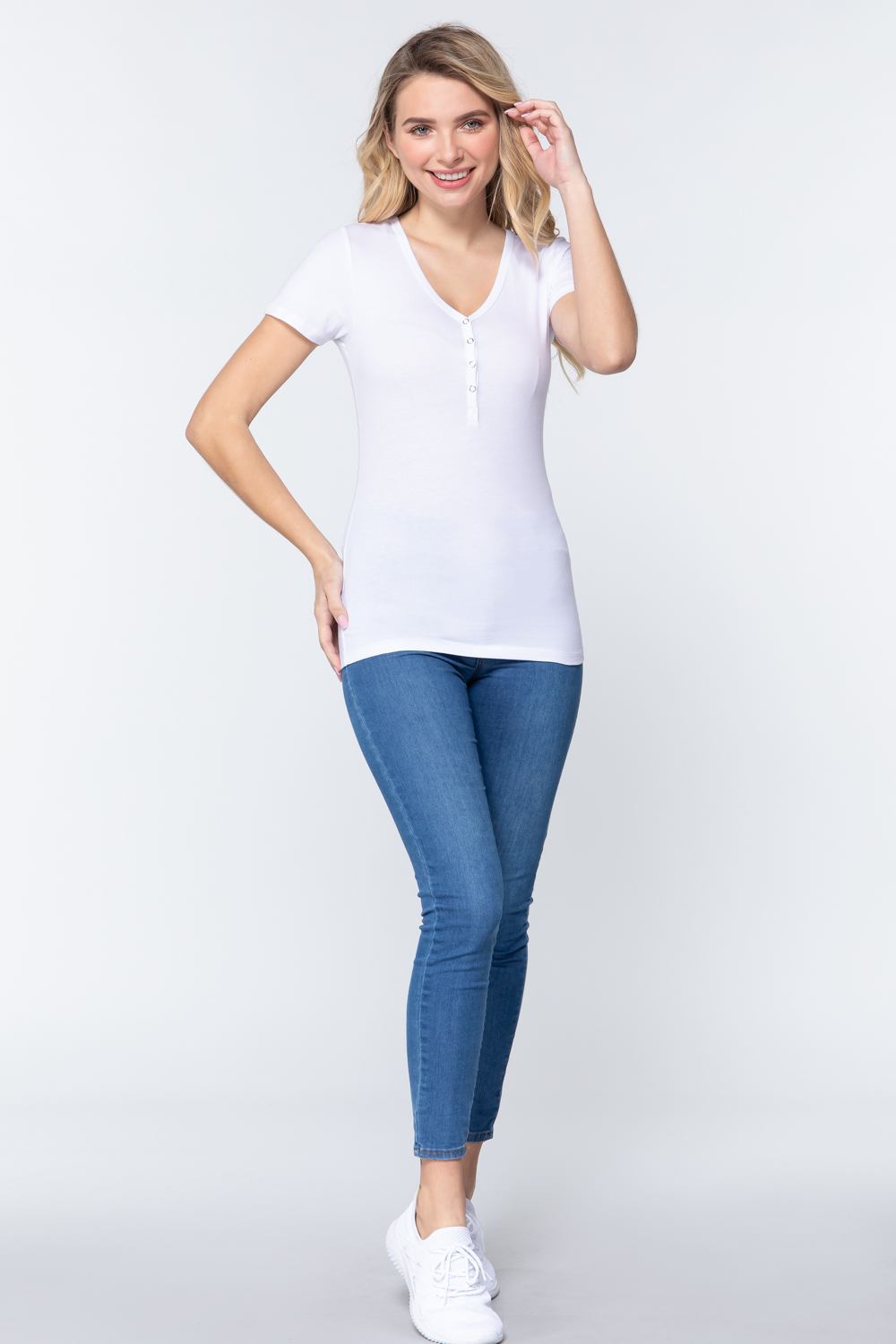 White Short Sleeve V-neck with Button Henley Shirt