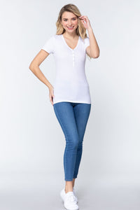 White Short Sleeve V-neck with Button Henley Shirt