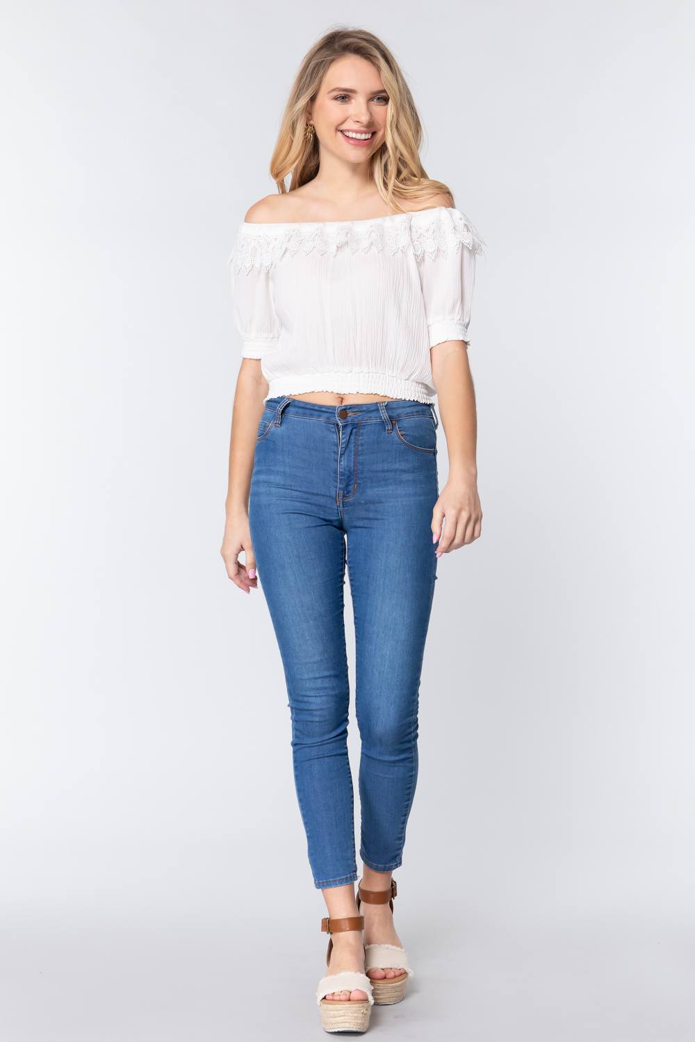 Off White Off Shoulder Lace Detailed Women's Top