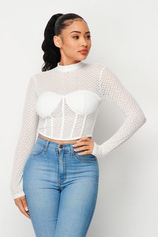 White Sexy Mesh Mock Neck Transparent Long Sleeve Top