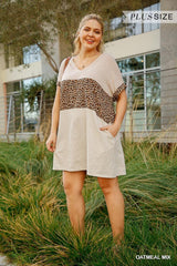 Oatmeal Mix Folded Sleeve Animal Print V-neck Women's Dress