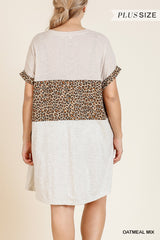 Oatmeal Mix Folded Sleeve Animal Print V-neck Women's Dress