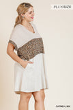 Oatmeal Mix Folded Sleeve Animal Print V-neck Women's Dress