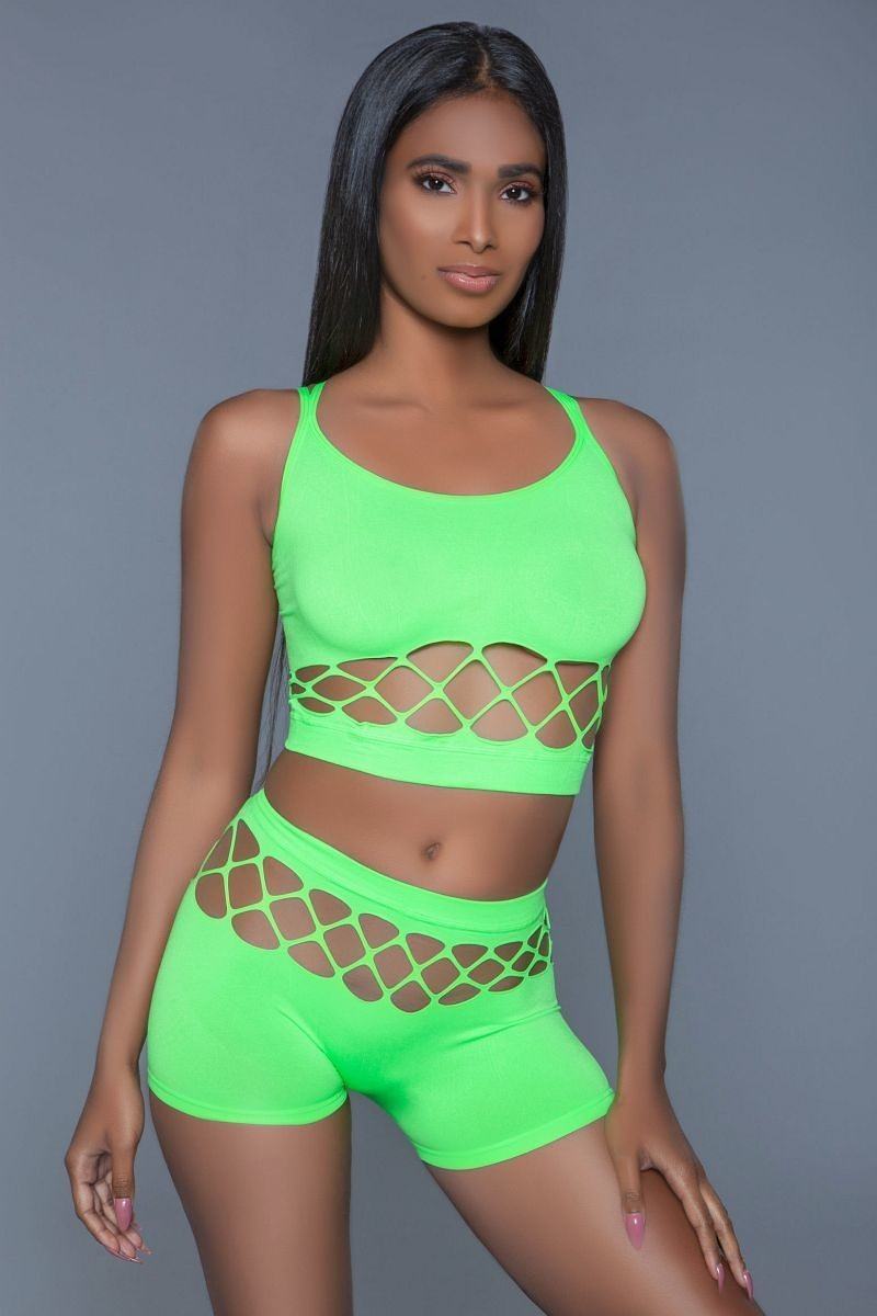 Neon Green 2 Piece Silk Fishnet Tank Crop Top and High Waisted Booty Shorts Set