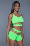 Neon Green 2 Piece Silk Fishnet Tank Crop Top and High Waisted Booty Shorts Set