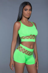 Neon Green 2 Piece Silk Fishnet Tank Crop Top and High Waisted Booty Shorts Set