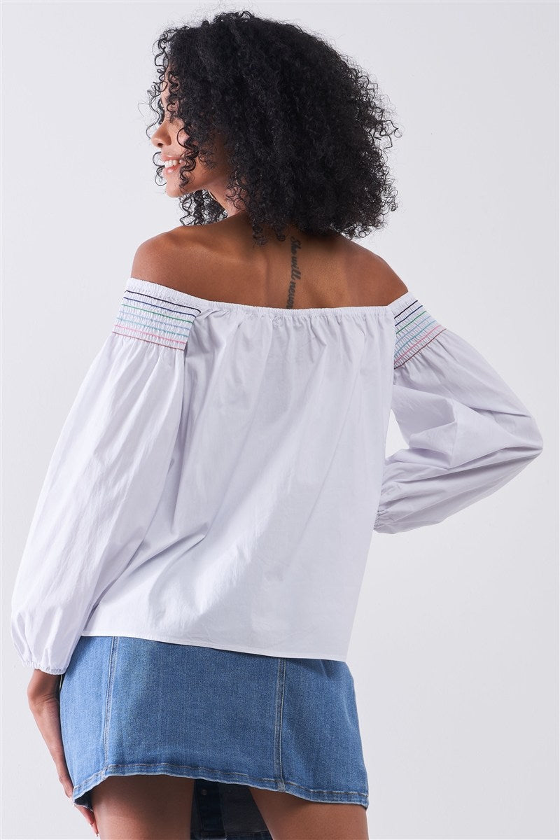 White Off-Shoulder Balloon Long Sleeve Top