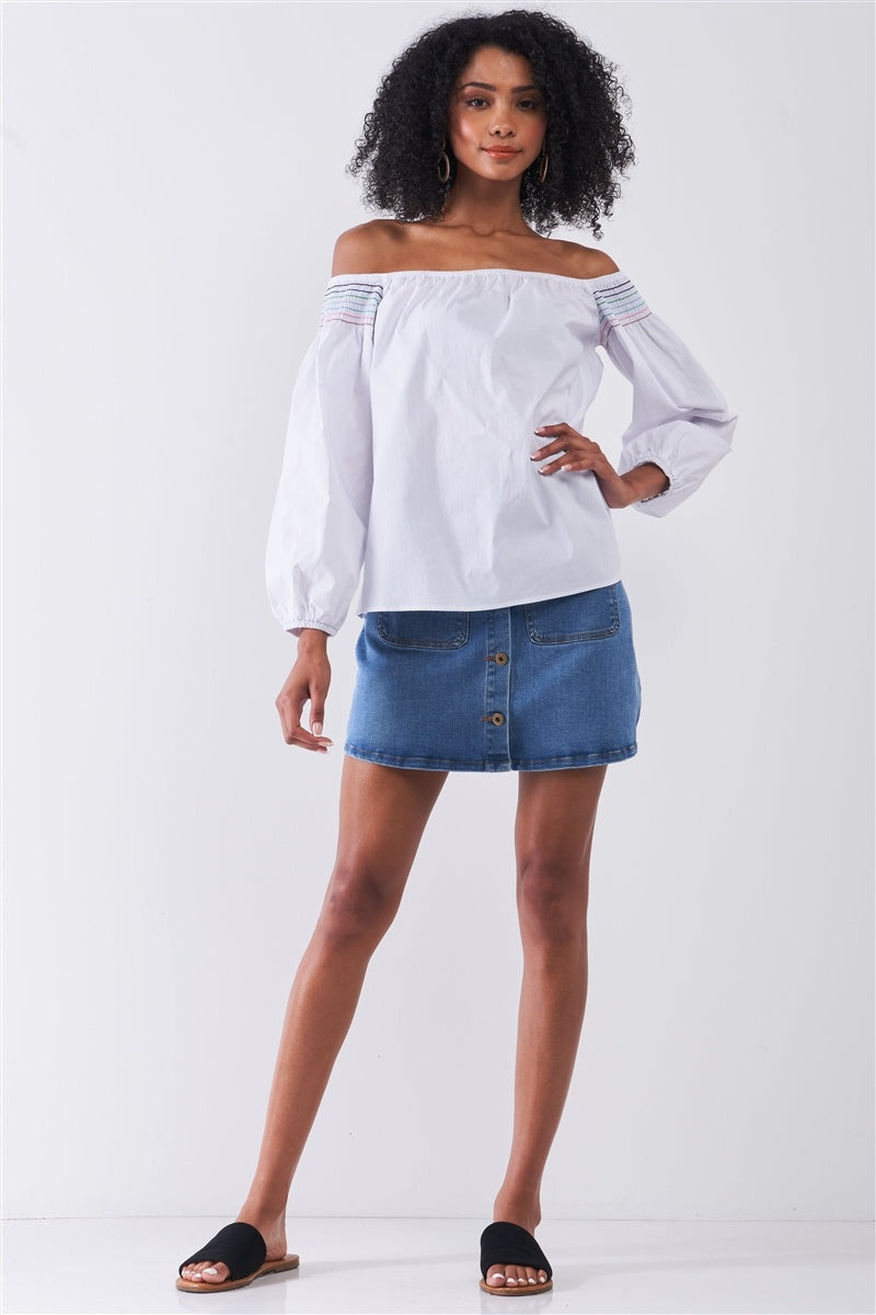 White Off-Shoulder Balloon Long Sleeve Top