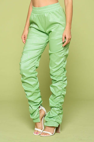 Green Leather Pu Ruched Pants