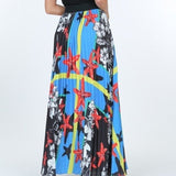 Maxi Skirt With Leather Waist Band Blue Pleated Print 