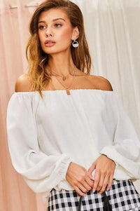 White Shoulder Long Bubble Sleeve Solid Top