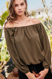 Olive Green Off Shoulder Long Bubble Sleeve Solid Top