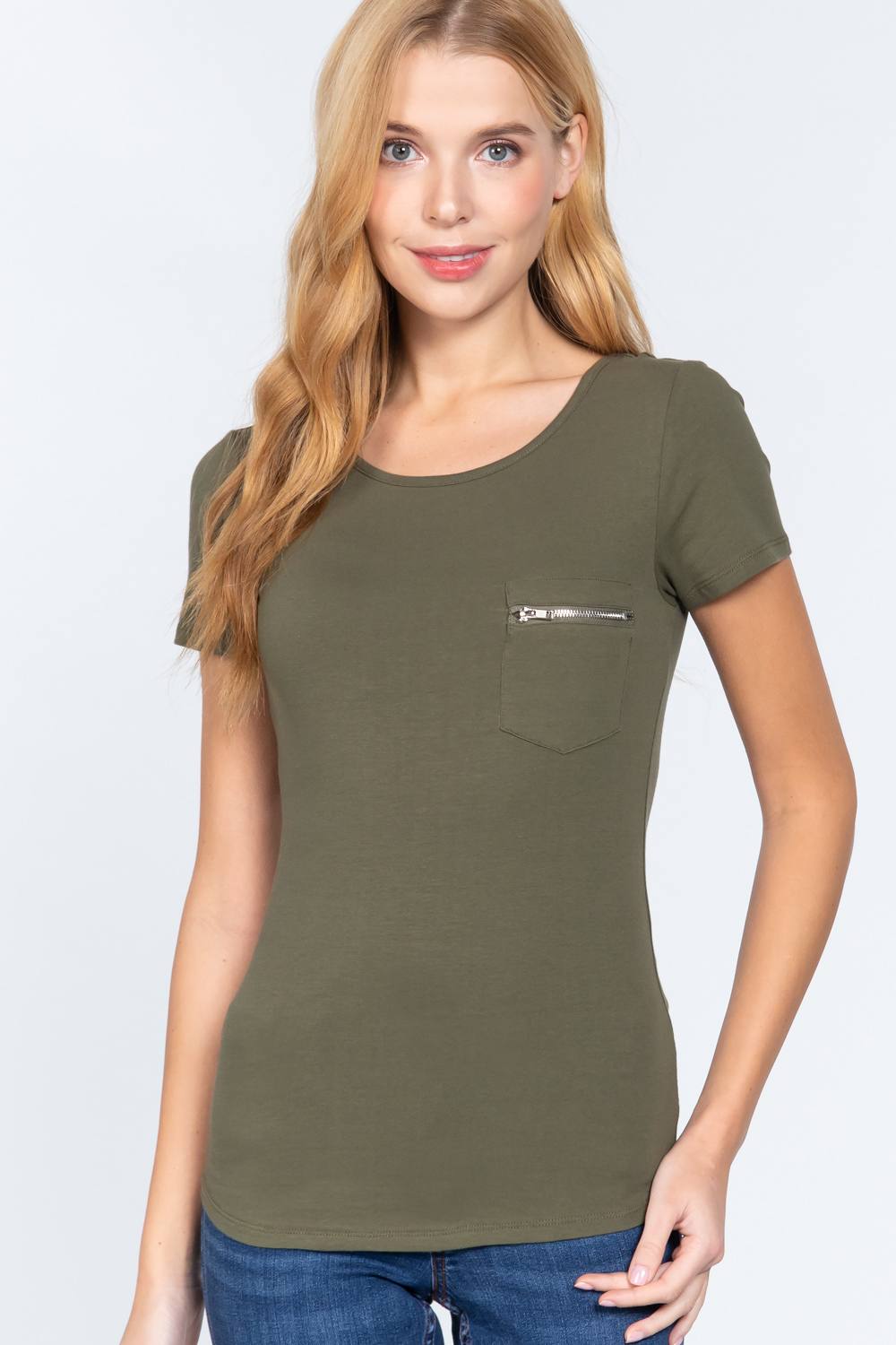 Olive Green Short Sleeve Top Zipper Small Pocket Shirt
