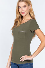 Olive Green Short Sleeve Top Zipper Small Pocket Shirt