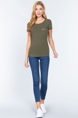 Olive Green Short Sleeve Top Zipper Small Pocket Shirt