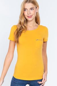 Mustard Short Sleeve Top w/ zipper Small Pocket Shirt