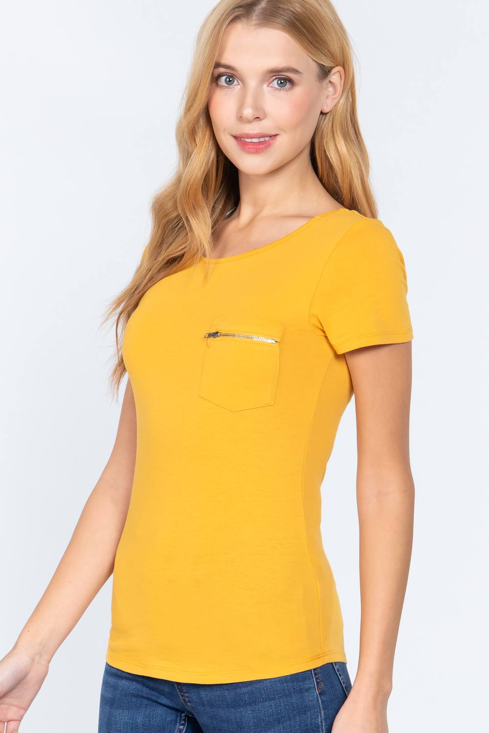 Mustard Short Sleeve Top w/ zipper Small Pocket Shirt