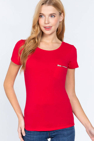 Red Short Sleeve Top zipper Small Pocket Shirt