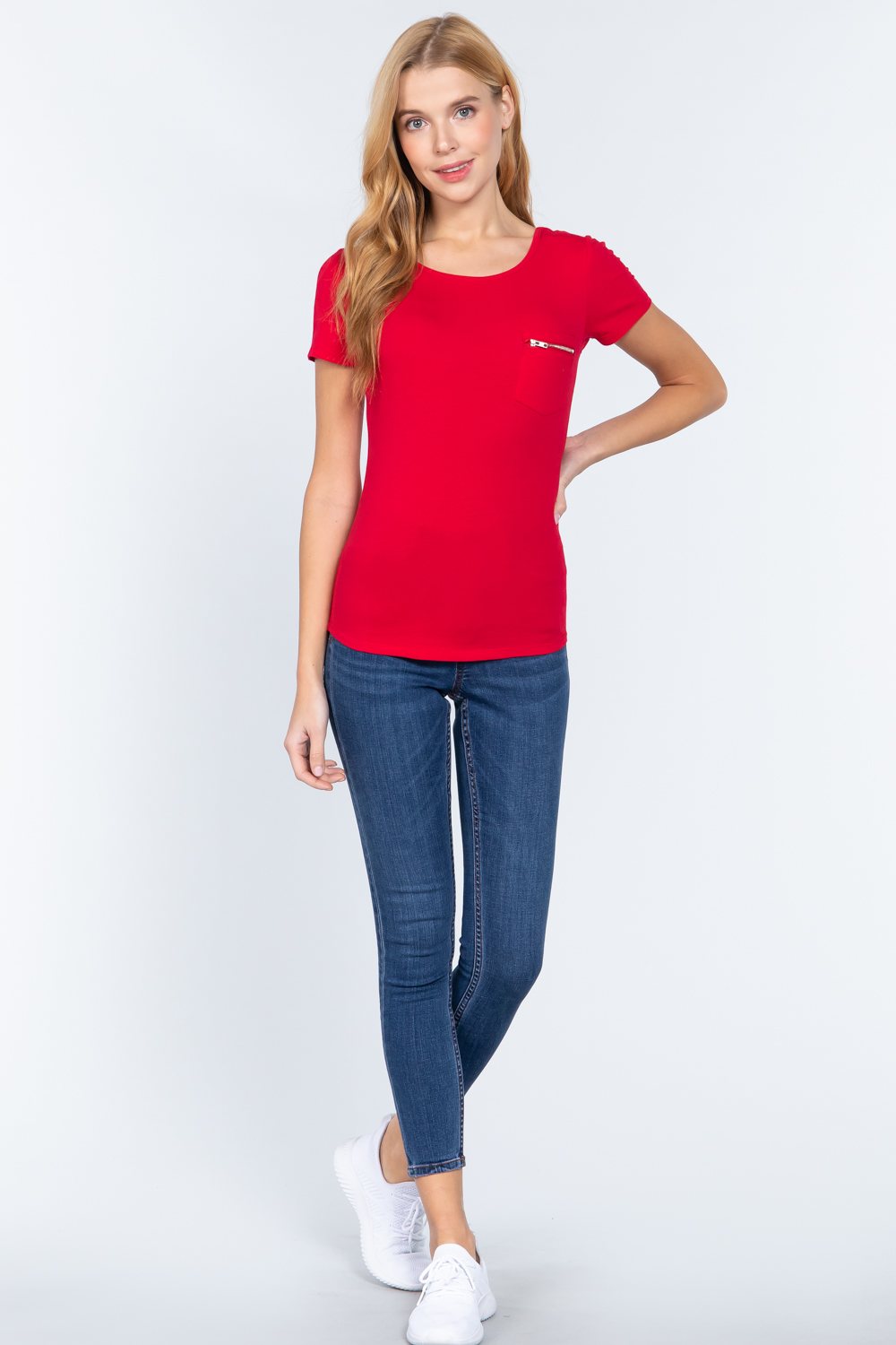 Red Short Sleeve Top zipper Small Pocket Shirt