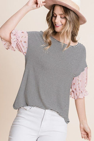 Pink Sleeve Cute Striped Curved Hem Casual Top