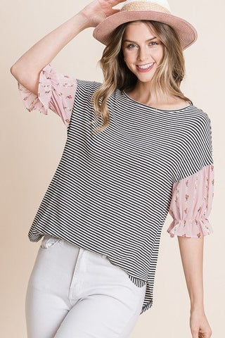 Pink Sleeve Cute Striped Curved Hem Casual Top