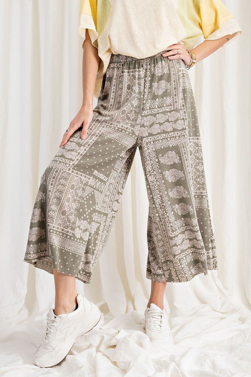 Green Grey Printed Terry Knit Wide Leg Comfy Pants
